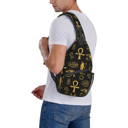 Men's Egyptian Hieroglyphic Print Crossbody Chest Bag - Golden & Black Ancient Egypt Design with Anubis & Scarab Beetle Symbols, Durable Zipper Closure, Casual Travel Backpack-like Waist Pack for Outdoor, Daily Use & Egypt-Th