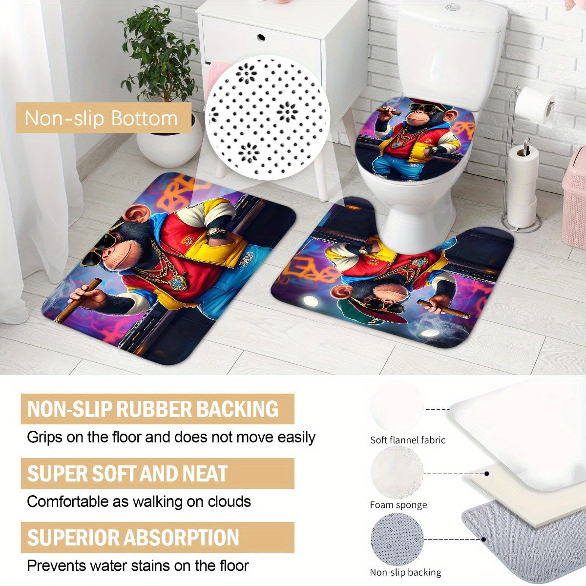 4pcs Cute Monkey Shower Curtain Sets, Modern Animal Pattern Bathroom Curtain Set with 12 Hooks Include Non-Slip Bathroom Rug, Toilet U-Shape Mat, Toilet Lid Cover, Fashion Bathroom Accessories Ideal for Bathroom & Home Decor,