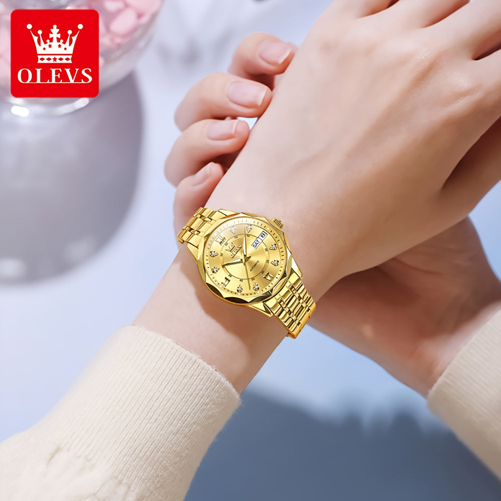 OLEVS Women'S Stainless Steel Automatic Mechanical Watch with Luminous Hands & Chronograph - Golden-Tone Elegant Round Watch, High Quality (Not), Luxury Analog Wristwatch for Women, No Battery/Easy Maintenance, Durable Everyd