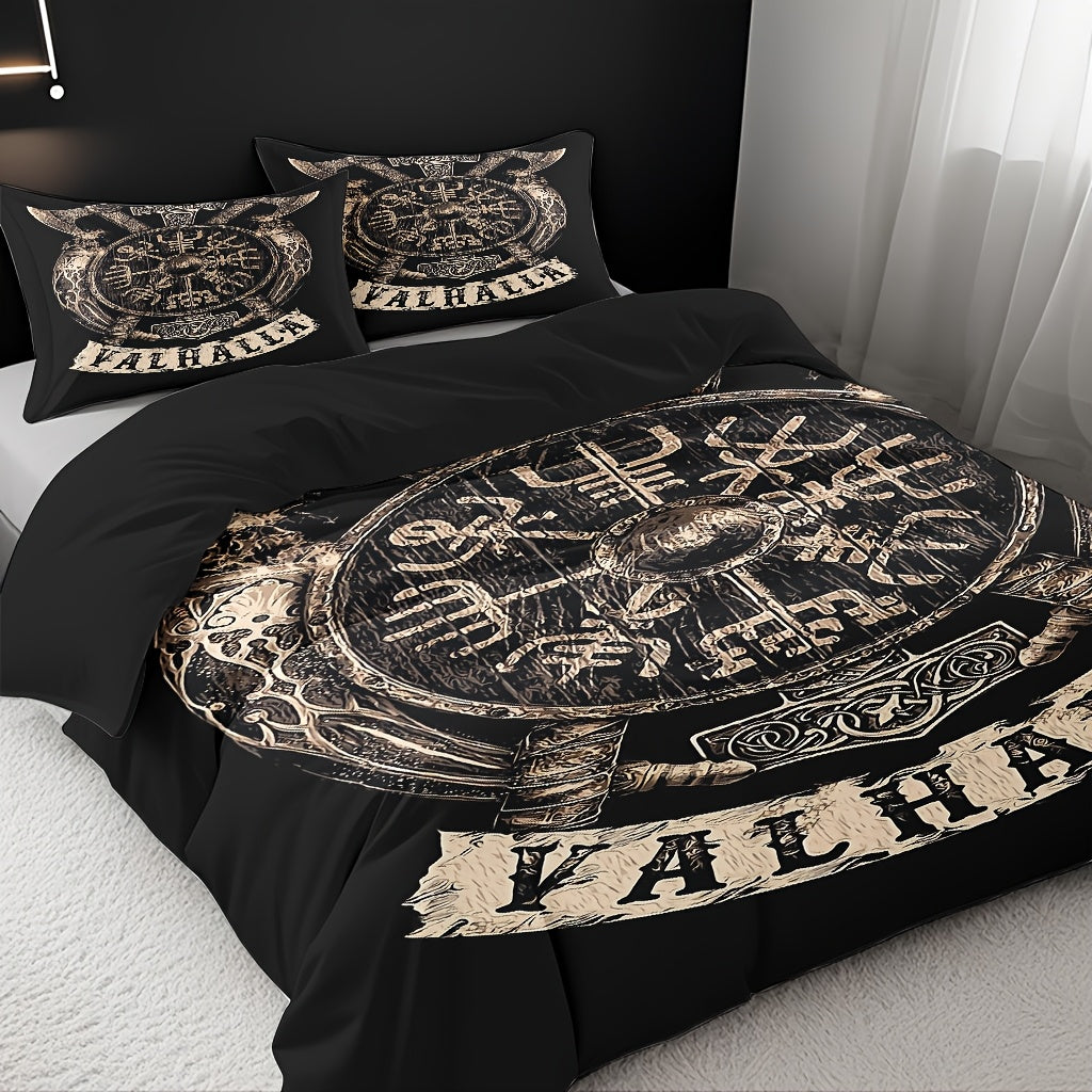 Norse Rune Theme Duvet Cover Set, Soft High-Definition Digital Print, Black And Brown, All-Season, Perfect Gift, Soft Breathable 100% Polyester, Machine Washable, Includes 1 Duvet Cover And 2 Pillowcases, Ideal For Family And