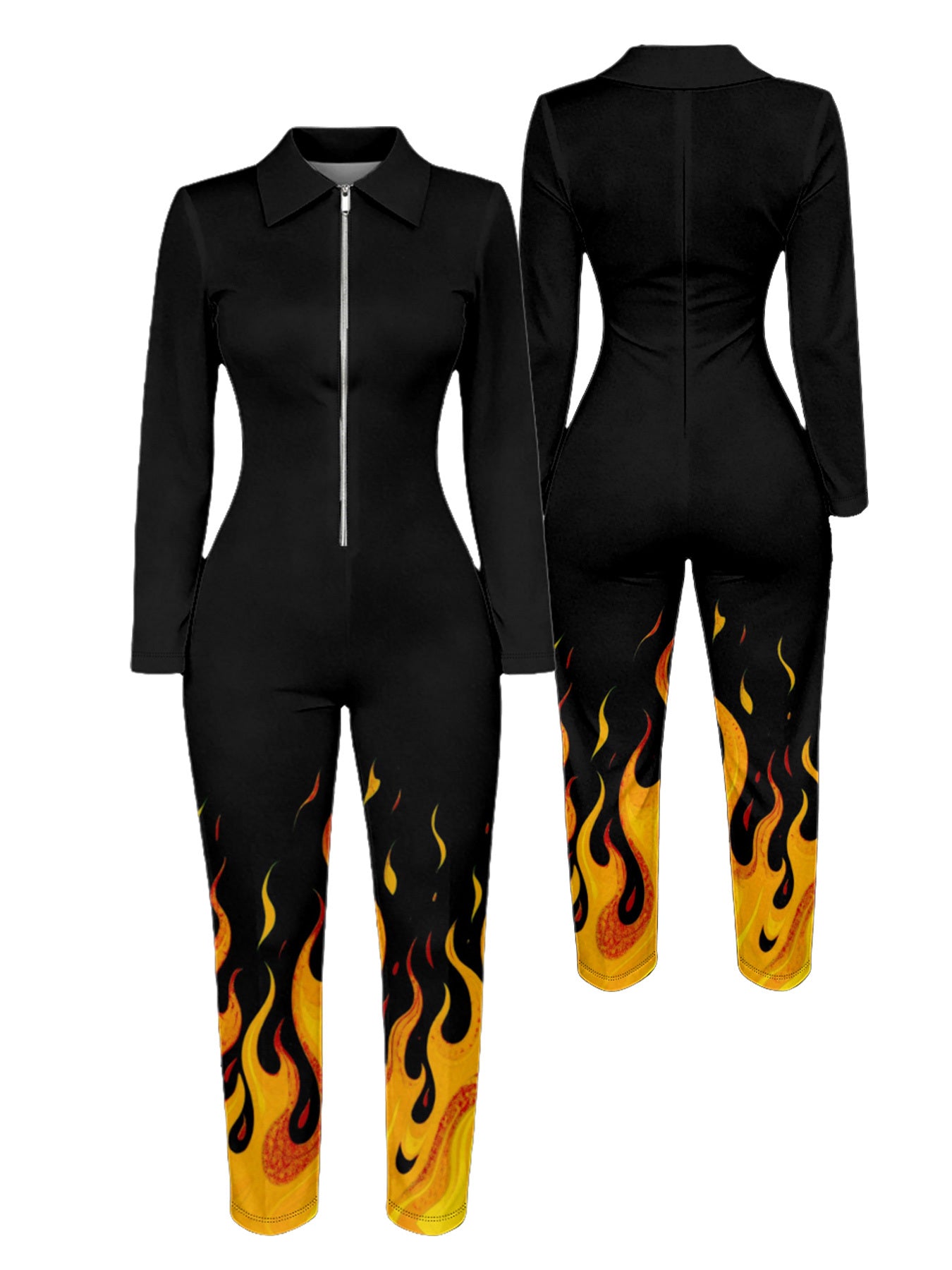 Ladies' Four-season Long-sleeved Sexy Jumpsuit, Front Zipper Design, Light Style, Fashionable Full-print, Perfect for Daily Outings and Casual Wear, Fashionable and Sexy Outfit