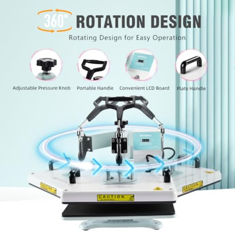 BetterSub 5 in 1 Heat Press Machine 12x15 inch Industrial-Quality Sublimation Press with 30oz Tumbler Attachment and Curved Hat Plate 360° Swivel Design for T-Shirts Vinyl DTF Film - Teal