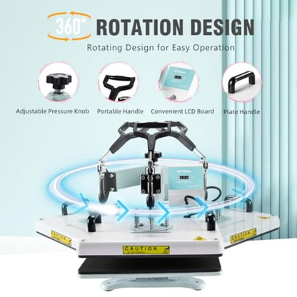 BetterSub 5 in 1 Heat Press Machine 12x15 inch Industrial-Quality Sublimation Press with 30oz Tumbler Attachment and Curved Hat Plate 360° Swivel Design for T-Shirts Vinyl DTF Film - Teal