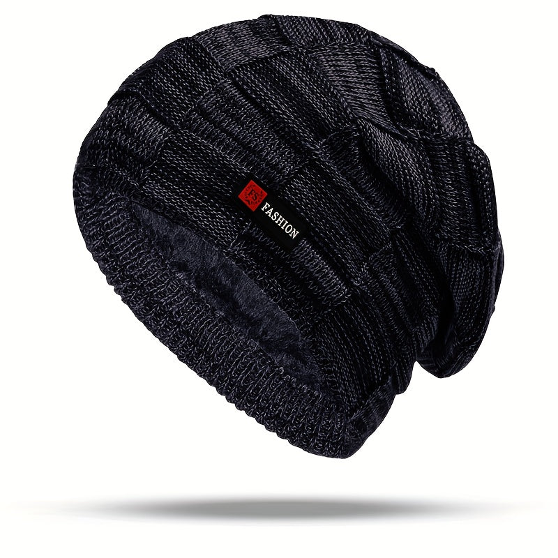 Men's Black Cable-Knit Winter Hat with Ear Flaps & Red Label-Like Patch - Soft Warm Beanie for Cold Weather, Durable Textile Material, Versatile for Sports & Everyday Use - Ideal Gift for Men (Hand Wash/Dry Clean)