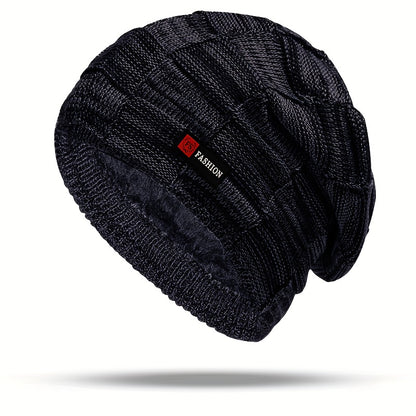 Men's Black Cable-Knit Winter Hat with Ear Flaps & Red Label-Like Patch - Soft Warm Beanie for Cold Weather, Durable Textile Material, Versatile for Sports & Everyday Use - Ideal Gift for Men (Hand Wash/Dry Clean)