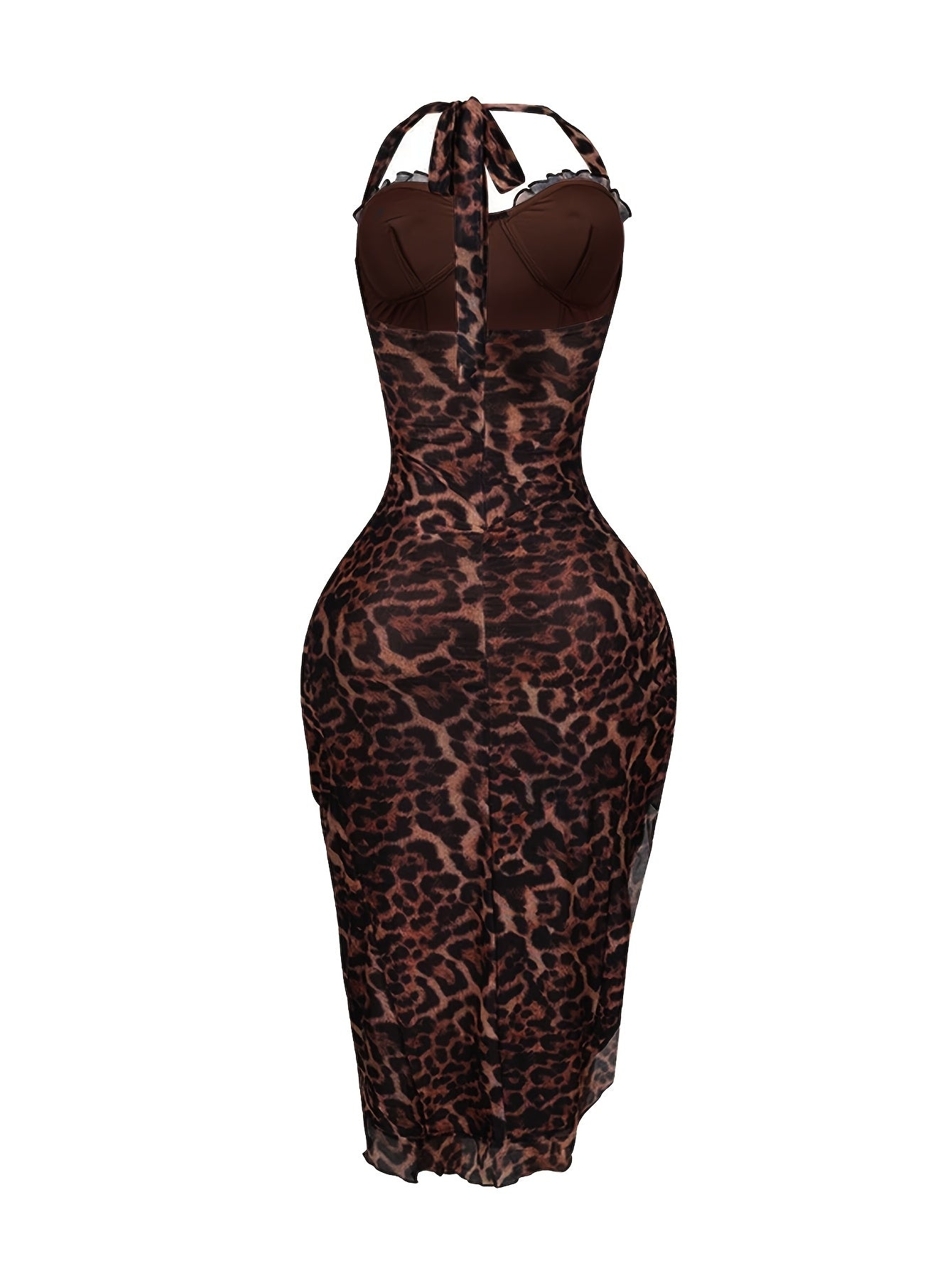 One Piece Sexy Leopard Print Halter Neck Dress | Asymmetrical Ruffle Hem, Slit Back, Sleeveless, Long Length, Elegant Casual Party Style
