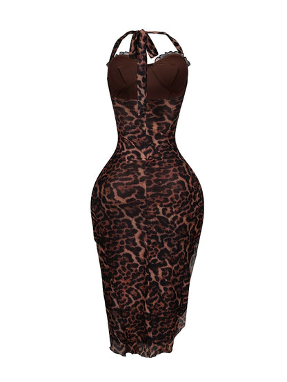 One Piece Sexy Leopard Print Halter Neck Dress | Asymmetrical Ruffle Hem, Slit Back, Sleeveless, Long Length, Elegant Casual Party Style