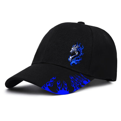 1pc Black Baseball Cap with Blue Flame Dragon Print - Adjustable Street Style Outdoor Sports Hat for Men, Curved Brim Design, Casual Streetwear Accessory | Flame Motif Cap | Adjustable Baseball Cap
