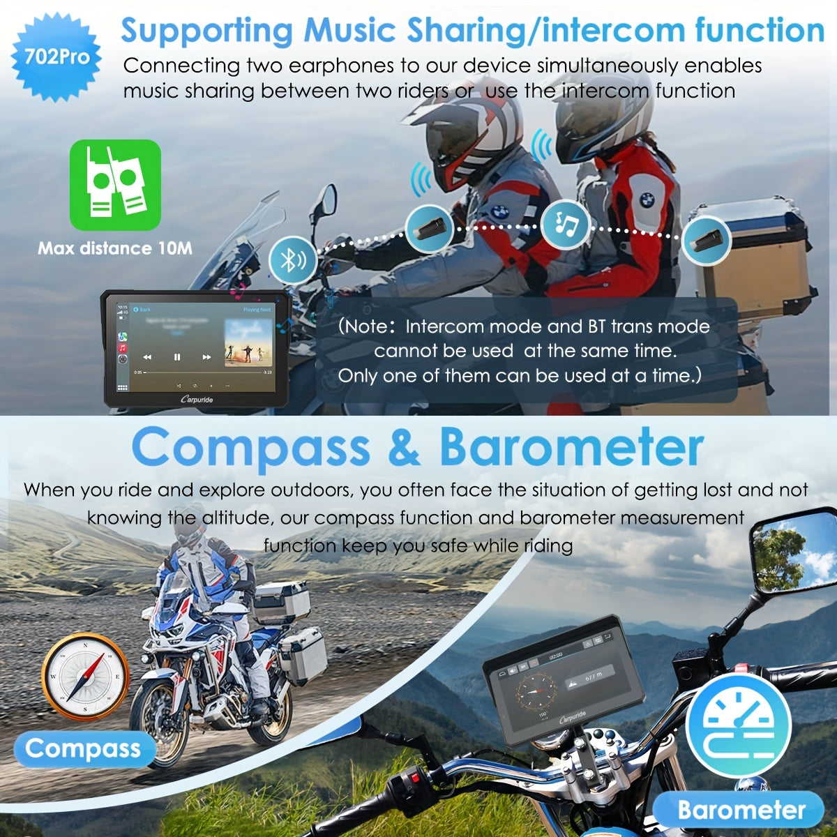 Carpuride W702 Wireless Carplay & Android Auto Screen for Motorcycle, 7 Inch IPS Touch Screen, Dual B-T, Built-in EQ, Car GPS, Voice Control, Siri, G00gle Assistant, IP67 Waterproofing, Navigation GPS, Easy to Install,