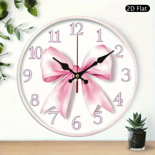 1pc Silent Non-Ticking Wooden Wall Clock with Pink Bow Design - Farmhouse Style Large Easy-to-Read Black Hands & White Face, 10 Inch Round Battery Operated (AA Batteries Not
