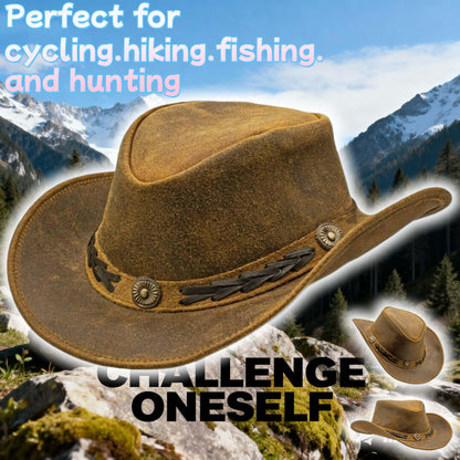 Men & Women Brown Genuine Leather Cowboy Western Hat – Outdoor Rodeo Style Sun Protection for Ranch Work, Horseback Riding, Country Concerts, Festivals, Camping, Hiking & Travel – Great Gift for Winter Season, Thanksgivin