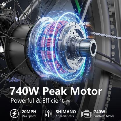 26 Inch Adult Electric 48V10Ah Removable Battery 740W Peak Motor 20 MPH All-Terrain Mountain E- with Front Suspension, Disc Brakes & LCD Display - Heavy-Duty Tire Conversion (Compatible with 110-240V) for Men &