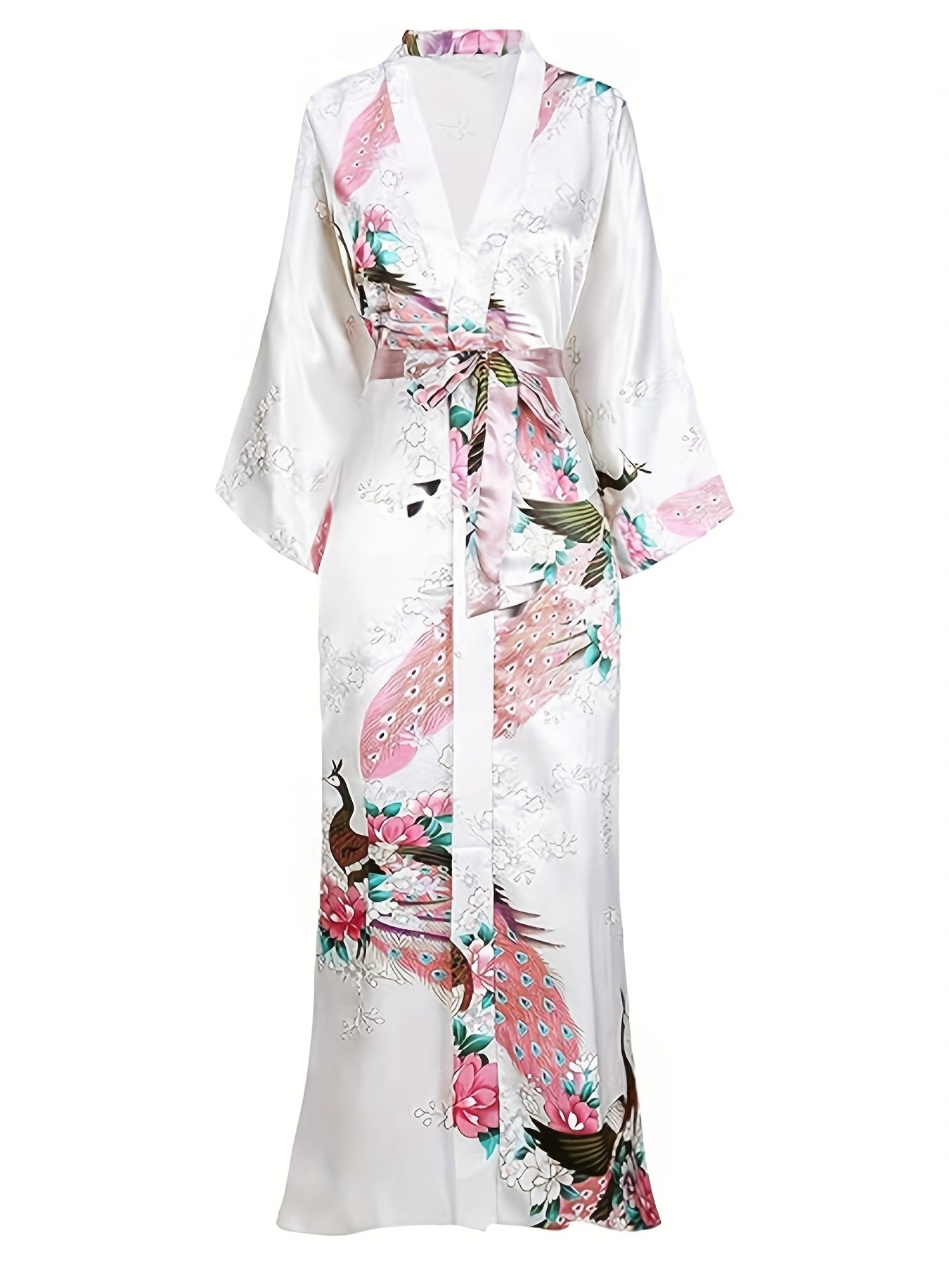 Elegant Floral Kimono Women's Robe - Soft and Light Beige-Friendly V-Neck Geometric Pattern All-Season Comfortable Casual Pajamas Pajamas