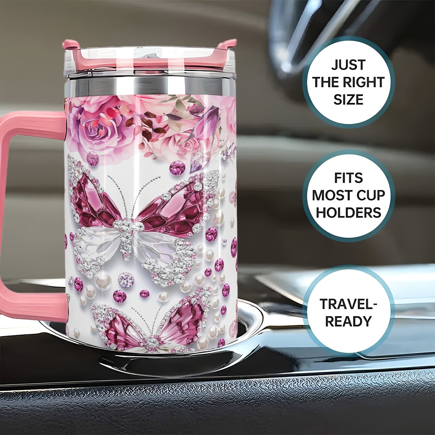 1pc Customized Name Stainless Steel Tumbler | 20oz/22oz/40oz Insulated Water with Lid, Reusable, Round Shape, 304 Stainless Steel, Ideal for Easter, Thanksgiving, Father'S Day, Mother'S Day, Graduation, White Diamond Butterfl