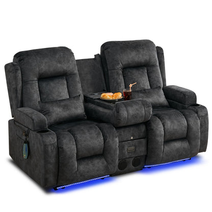 Power Loveseat Recliner Sofa, Home Theater Seating RV Couch with Massage and Heat, Flipped Backrest Console, LED Light, USB Outlets, Velvet