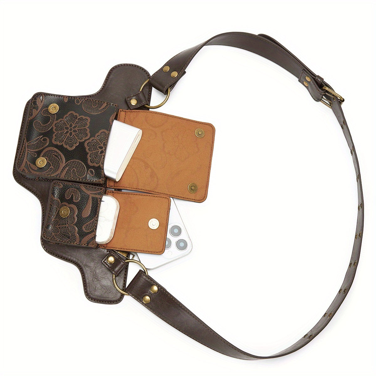 Convertible Crossbody Purse - Women's Adjustable Waist Bag with Floral Pattern - Zipper Closure & Snap Button - Synthetic Faux Leather Belt Bag for Everyday, Formal, Travel - Coffee Brown/Black, Crossbody Purse, Everyday Acce