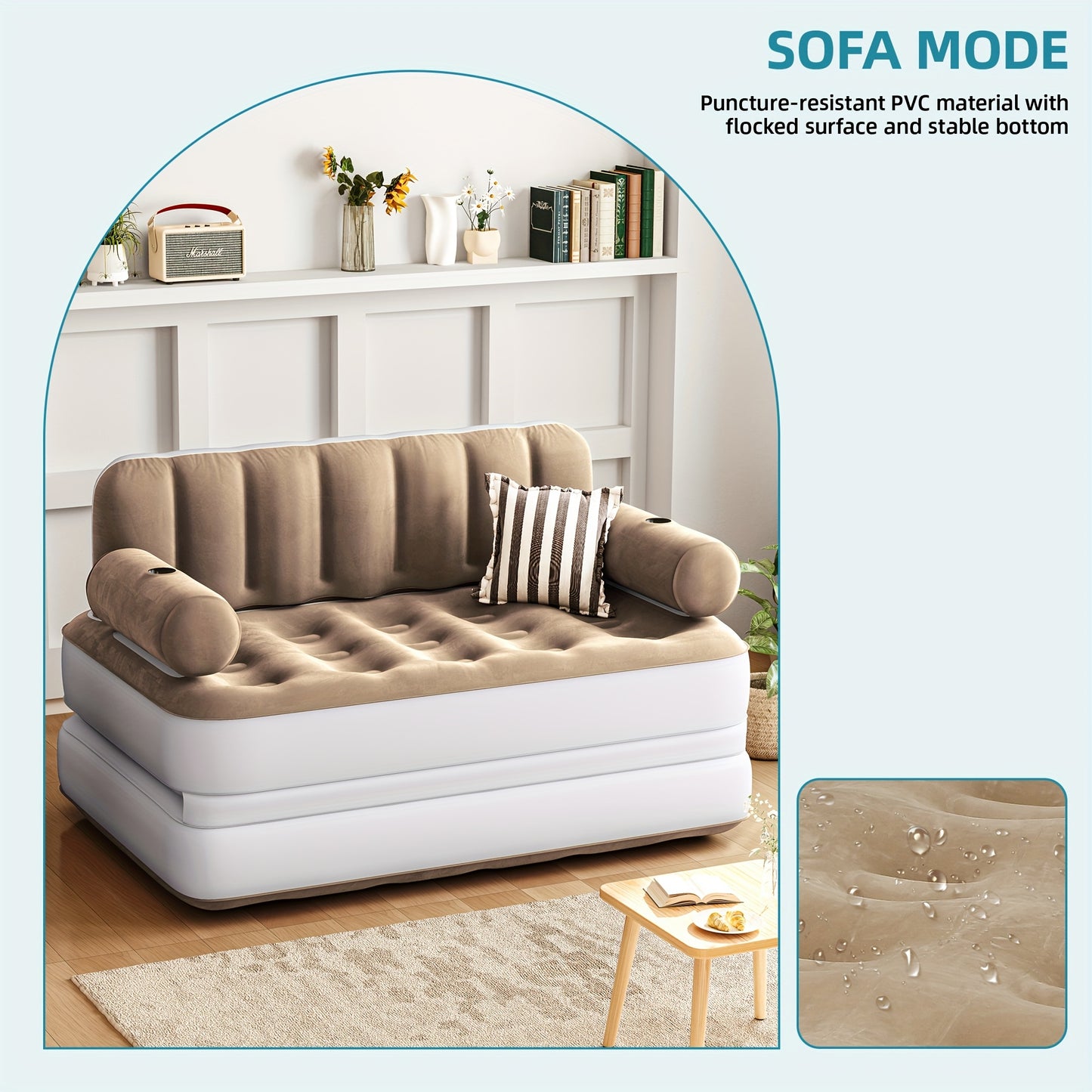 Inflatable Air Sofa Bed 2-in-1 Backrest Couch Airbed W/Headboard And External Pump, Portable Convertible Blow Up Bed Mattress W/Storage Bag, Sofa W/Build-in Cup Holders Arm, For Home, Outdoor Camping And Guests, Living Room F