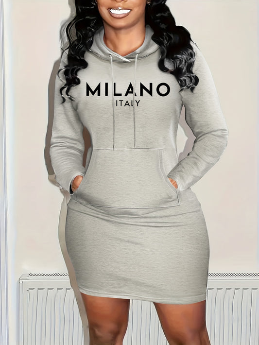 Print Bodycon Hooded Dress, Casual Drawstring Sweatshirt Dress for Spring & Fall, Women's Clothing