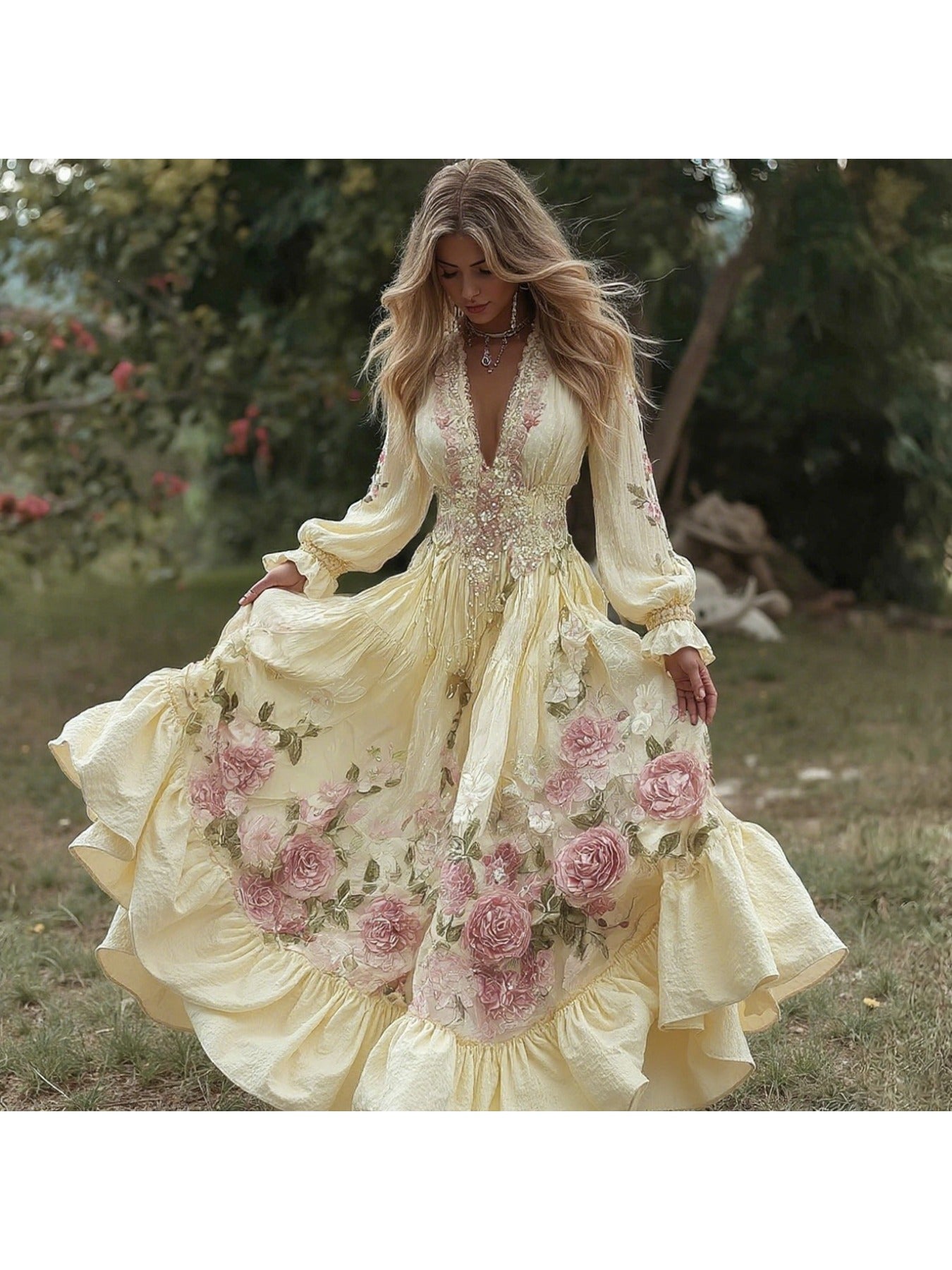 Plus Size - Plus Size, Women'S Elegant Retro V-Neck Long Sleeve Maxi Dress Jumpsuit - Floral Print A-Line Silhouette with Puff Sleeves, Soft Comfortable All-Season Party Wedding Guest Dress, Loose Fit Plus Size Available
