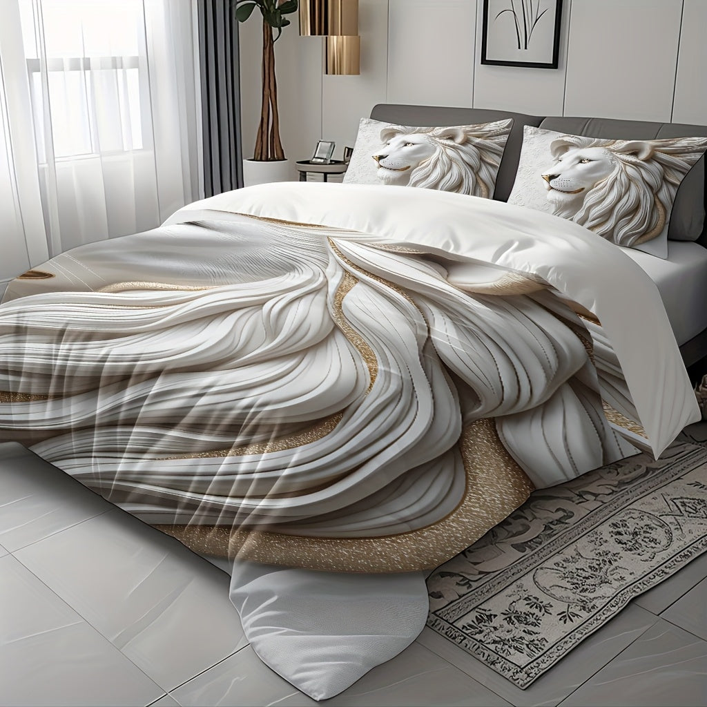 White Lion Duvet Cover Set - Soft High-Definition Digital Print, Breathable Polyester, Machine Washable, Perfect Gift for All-Season Use, Includes 1 Duvet Cover & 2 Pillowcases, Ideal for Family And Friends