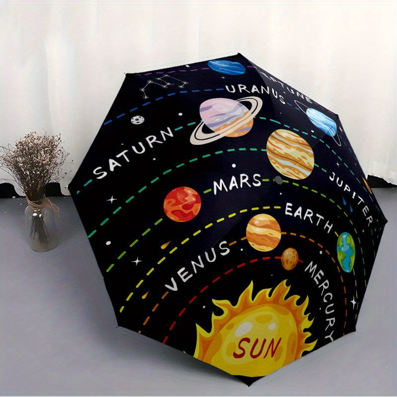 Automatic Open/Close Umbrella with One-Touch Button - Solar System Design (Planets, Stars) - Compact Folding Umbrella with 8-Rib Strong Frame - All-Season Portable Umbrella for Travel, School, Office, Gifts - Space-Themed Dec