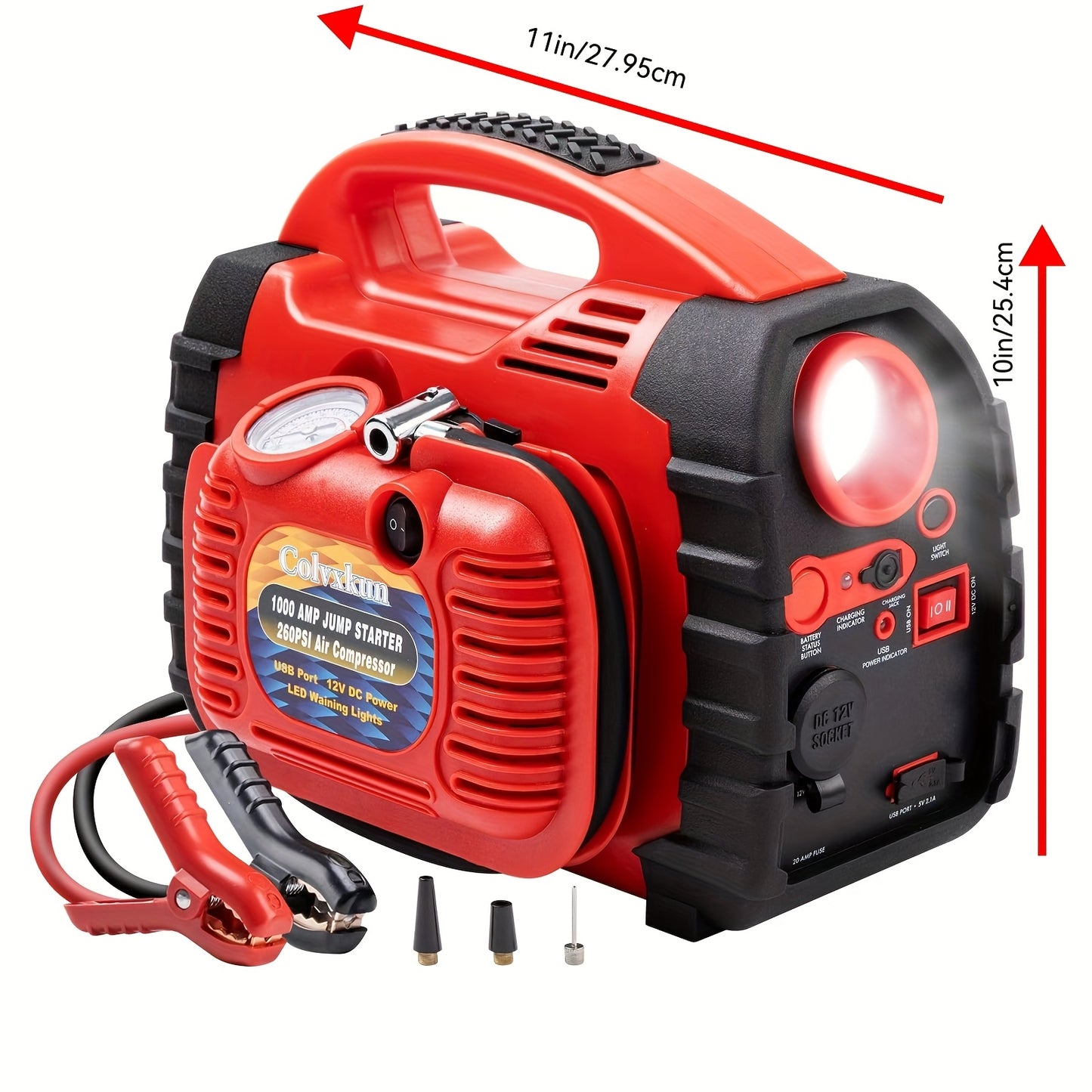 1000 Amp 12V Portable Car Jump Starter with Air Compressor, & Fast Charge - Heavy-Duty 260PSI Air, USB/ Lighter Power, Lithium-like Lead Acid Battery Booster for Trucks, RV, Boats, Motorcycles (Battery &