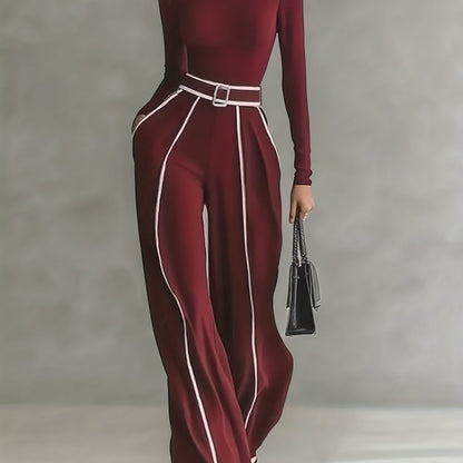 Women's Two-Piece Set: High-Neck Long-Sleeve Top with Contrast Straight-Leg Pants Featuring Pockets and Belt, Elegant and Versatile Design for Autumn/Winter Commuting