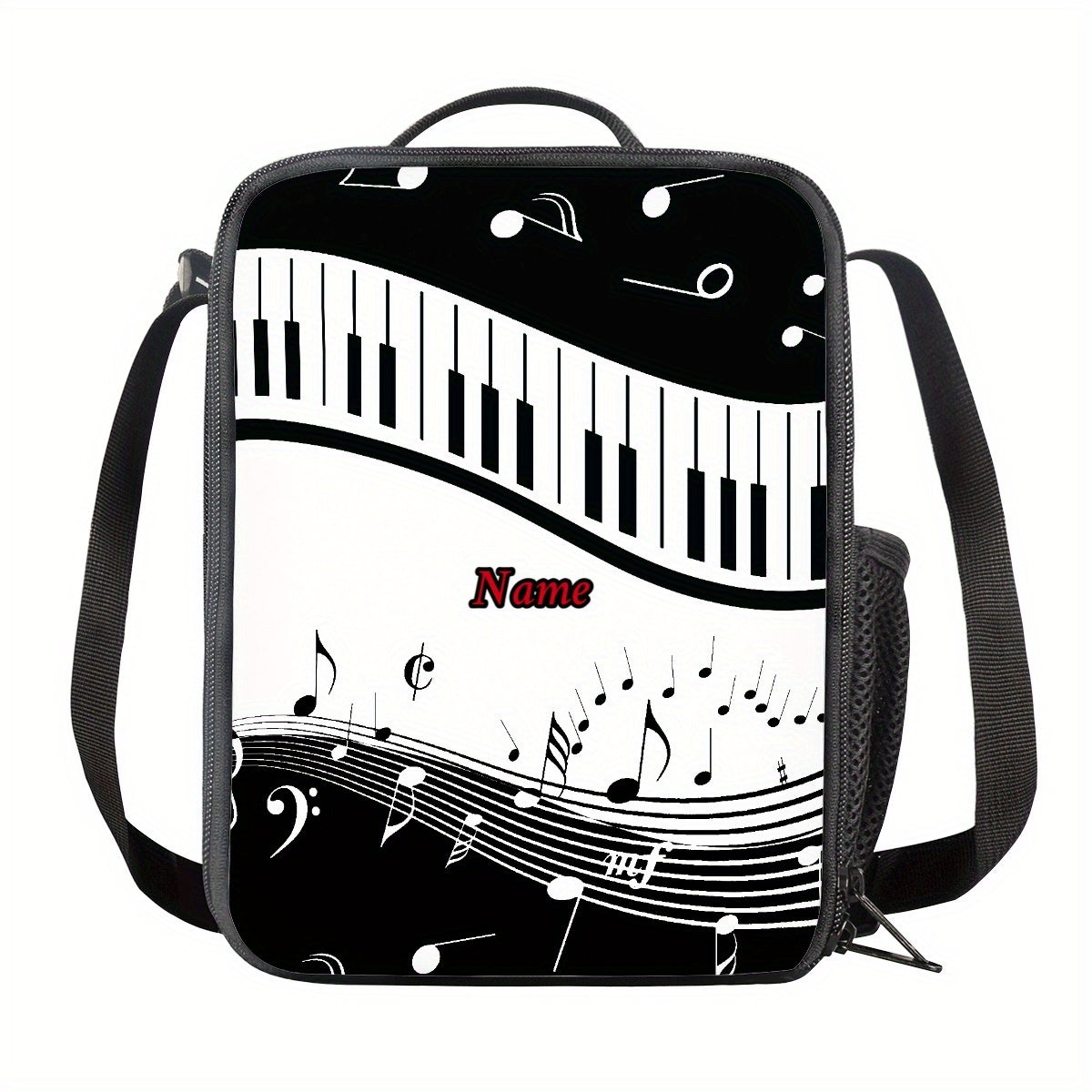 Customizable Piano-Themed 2D Printed Handbag - Black with White Music Notes & Red Accents, Durable Polyester, Personalized Name Option, Compact & Stylish for Commuting or Casual Use, Piano Accessories