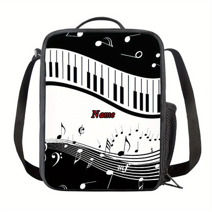 Customizable Piano-Themed 2D Printed Handbag - Black with White Music Notes & Red Accents, Durable Polyester, Personalized Name Option, Compact & Stylish for Commuting or Casual Use, Piano Accessories