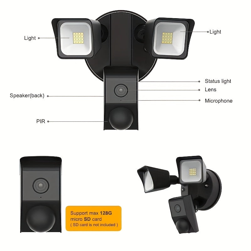 SUNAOK LED Smart Security Camera, 27W, 2300 Lumens, 5700K, IP65, 3 MegaPixel, HD Live View, 393.7inch Infrared Night Vision, Supports Two-way Voice & Human Shape Detection & CloudStorage, Enhanced Motion Detection, Built-in S
