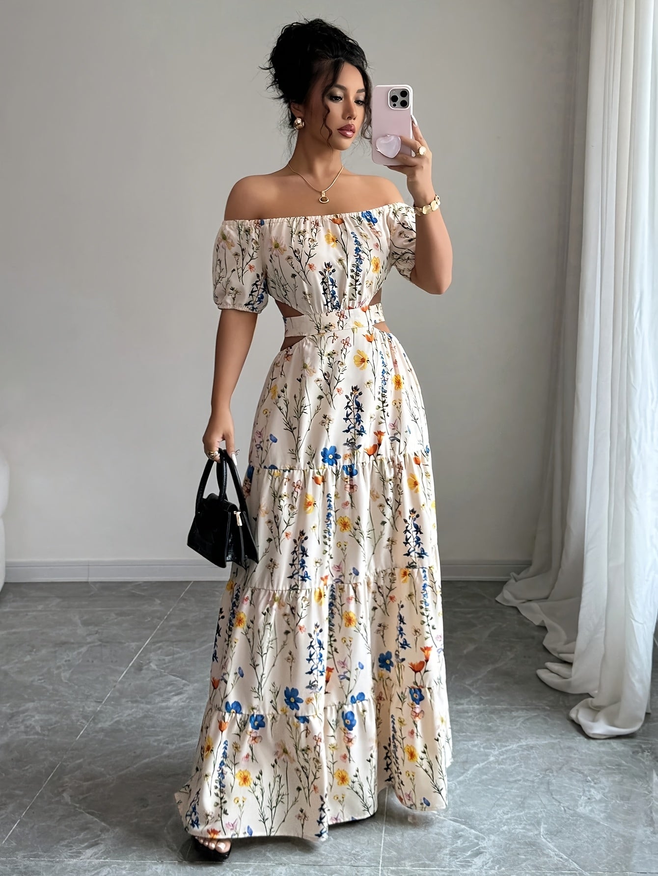 French Romantic Style One-Shoulder Bubble Sleeve Flower Dress Low Back Design Trendy Vacation Maxi Skirt