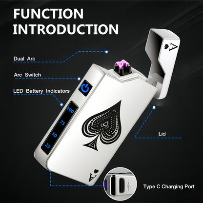 Windproof Dual Arc Lighter, USB C Electric Lighter, Rechargeable USB Lighter, Designed by Parker, Featuring a Spade A Pattern, Wind-Resistant, Suitable for Candles, Incense Sticks, Outdoor Camping, Hiking, a Gift for Men