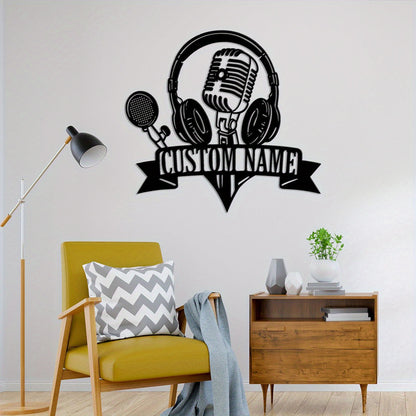 2D Flat, 1pc Customizable Metal Sign with Headphones & Microphone Silhouette Wall Art - Personalized Name Banner, Durable Iron Wall Decor for Home Studio, Living Room, Outdoor Patio - Music-Themed Decorative Accent, Metal Wal