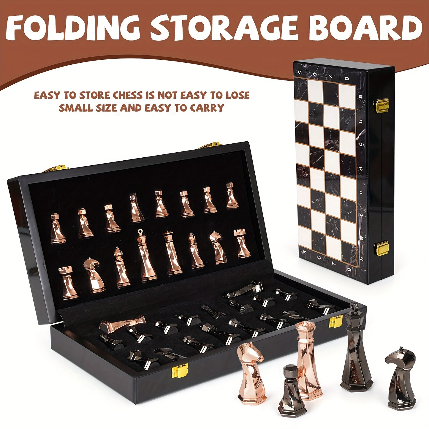 Metal Chess Set for Adults, 15" Wooden Chess Board with Modern Metal Chess Pieces Travel Chess Sets with Metal Chessmen, Collectible Elegant Chess Game, Family Vintage Board Game, Marbled Chess Board