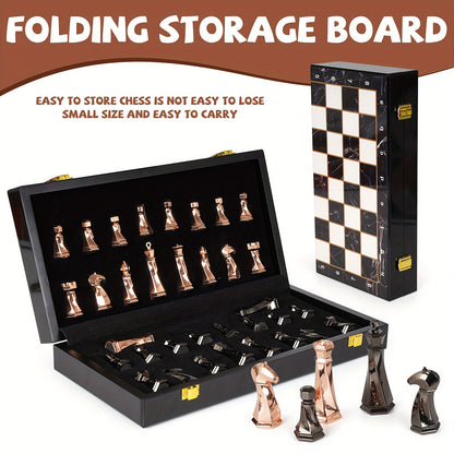 Metal Chess Set for Adults, 15" Wooden Chess Board with Modern Metal Chess Pieces Travel Chess Sets with Metal Chessmen, Collectible Elegant Chess Game, Family Vintage Board Game, Marbled Chess Board