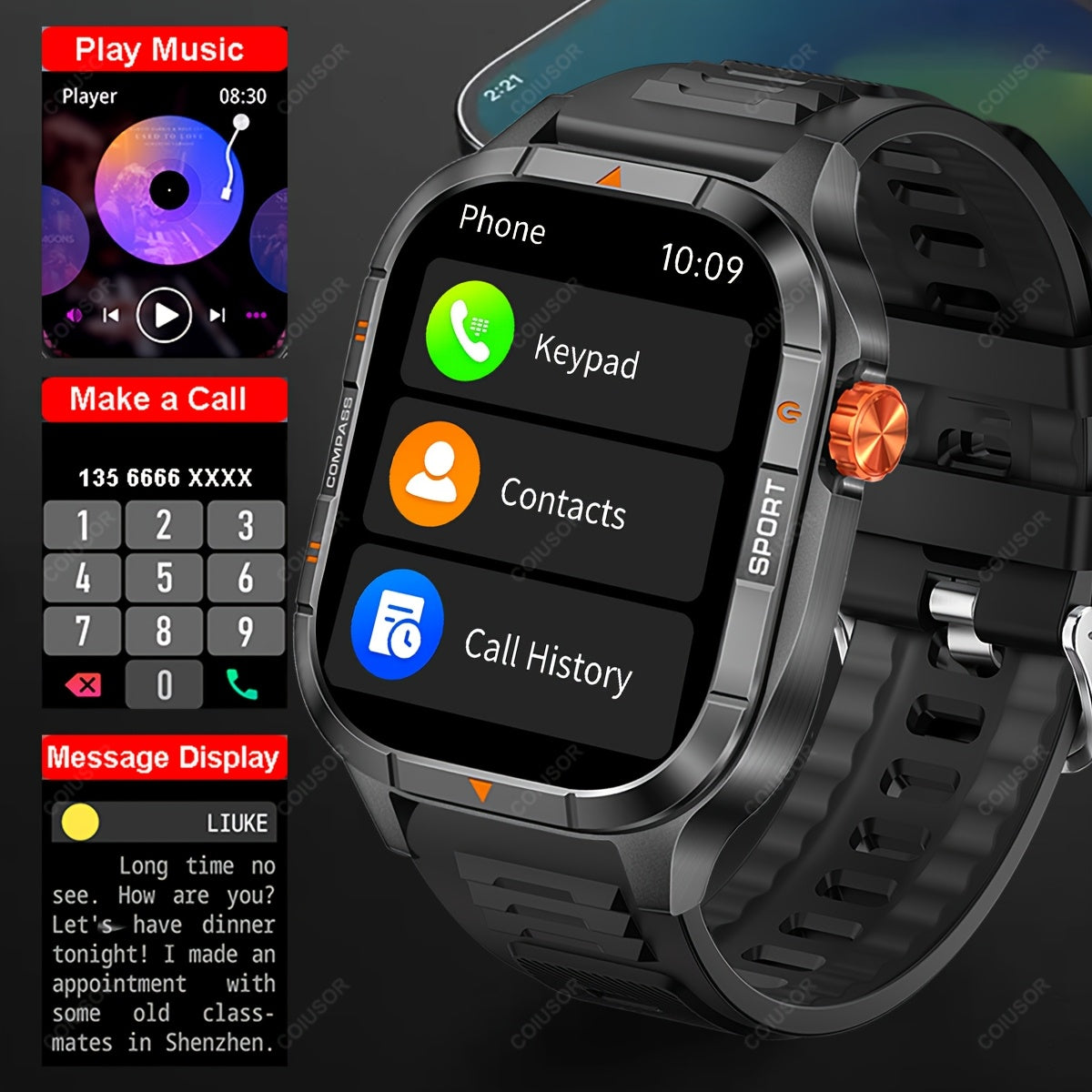 COIUSOR Men's & Women's Heavy-Duty Smart Watch with 1000mAh Battery, IP68 Waterproof, 2.01" HD IPS Display, ic, -like Compass & Wireless 5.3 - Rugged Outdoor Smartwatch for,, -Grade Fitness Tracker