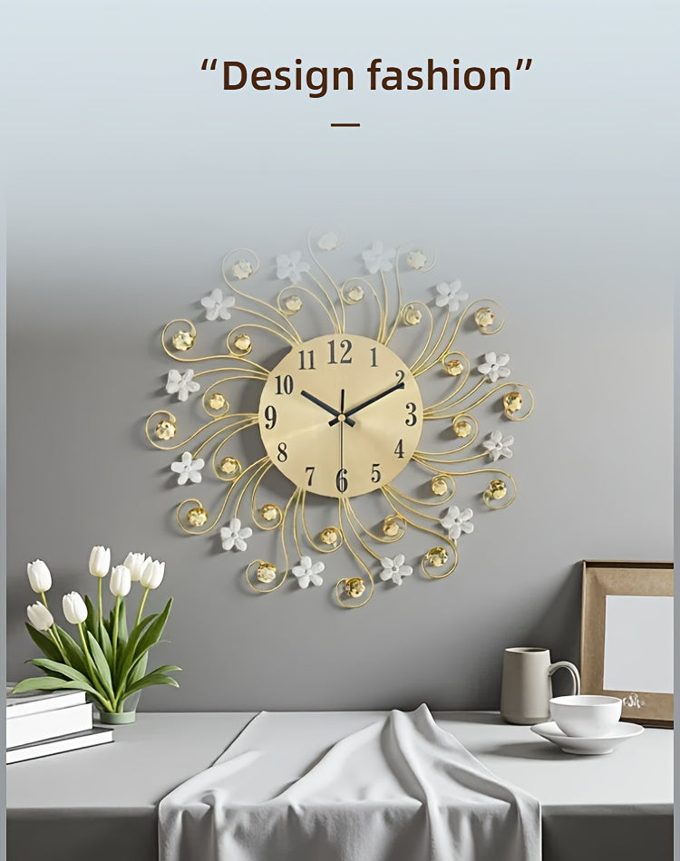 1pc Silent Luxury Wall Clock with Floral Design - Golden Metal Frame, Black Hands, Ideal for Living Room, Bedroom, Study, Entrance & Dining Room Decor - Perfect Mother'S Day or Housewarming Gift, Clock Wall Decor