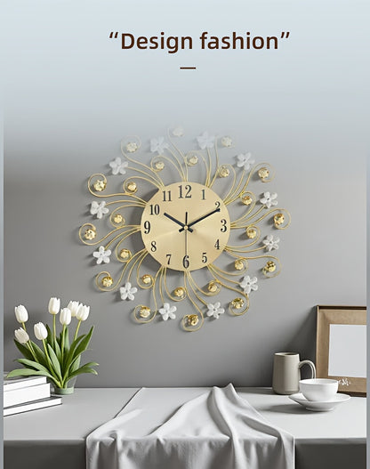 1pc Silent Luxury Wall Clock with Floral Design - Golden Metal Frame, Black Hands, Ideal for Living Room, Bedroom, Study, Entrance & Dining Room Decor - Perfect Mother'S Day or Housewarming Gift, Clock Wall Decor