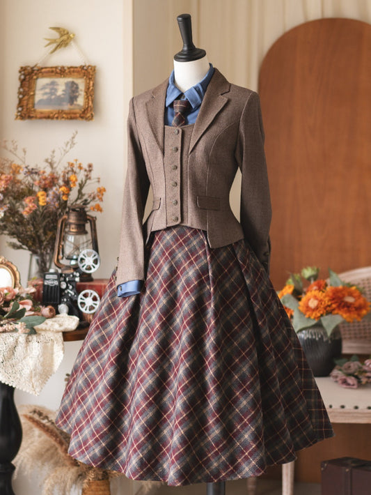 Brown Blazer + Plaid Midi Skirt Women's Vintage-Chic Suit Set Luxurious Retro Elegance with British Flair, Perfect for Fall/winter Office Wear. Skirt Sold Without Petticoat; Petticoats Available for Separate Purchase In-store