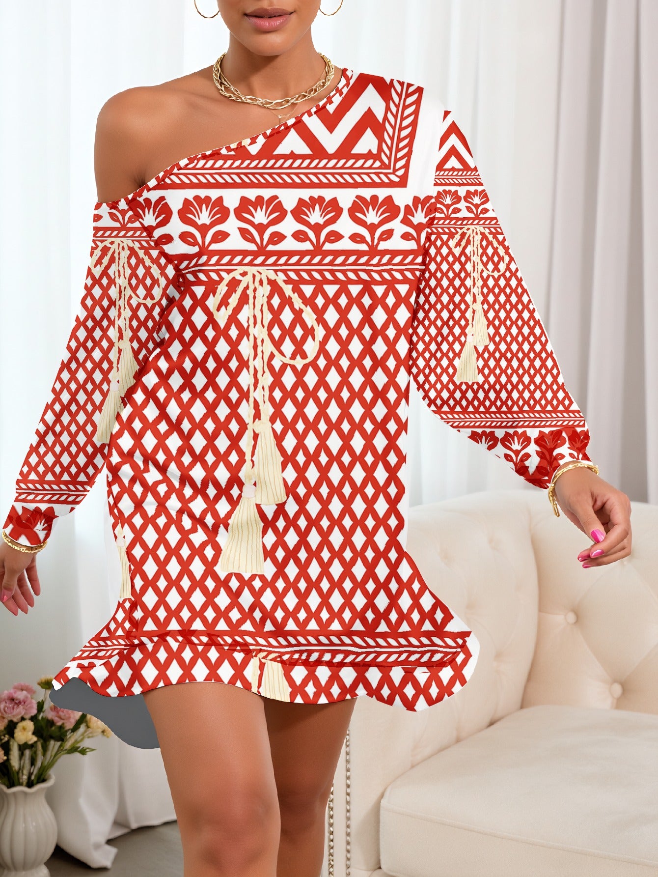 Plus Size, Elegant One-Shoulder/One-Strap Long Sleeve Dress - Red & White Geometric Floral print with Tassel Boho Dress, Fitted Party Wedding Guest Gown, Machine Washable Spring Outfit