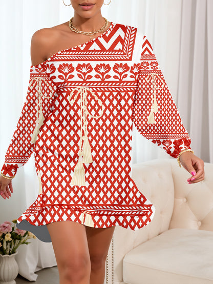 Plus Size, Elegant One-Shoulder/One-Strap Long Sleeve Dress - Red & White Geometric Floral print with Tassel Boho Dress, Fitted Party Wedding Guest Gown, Machine Washable Spring Outfit