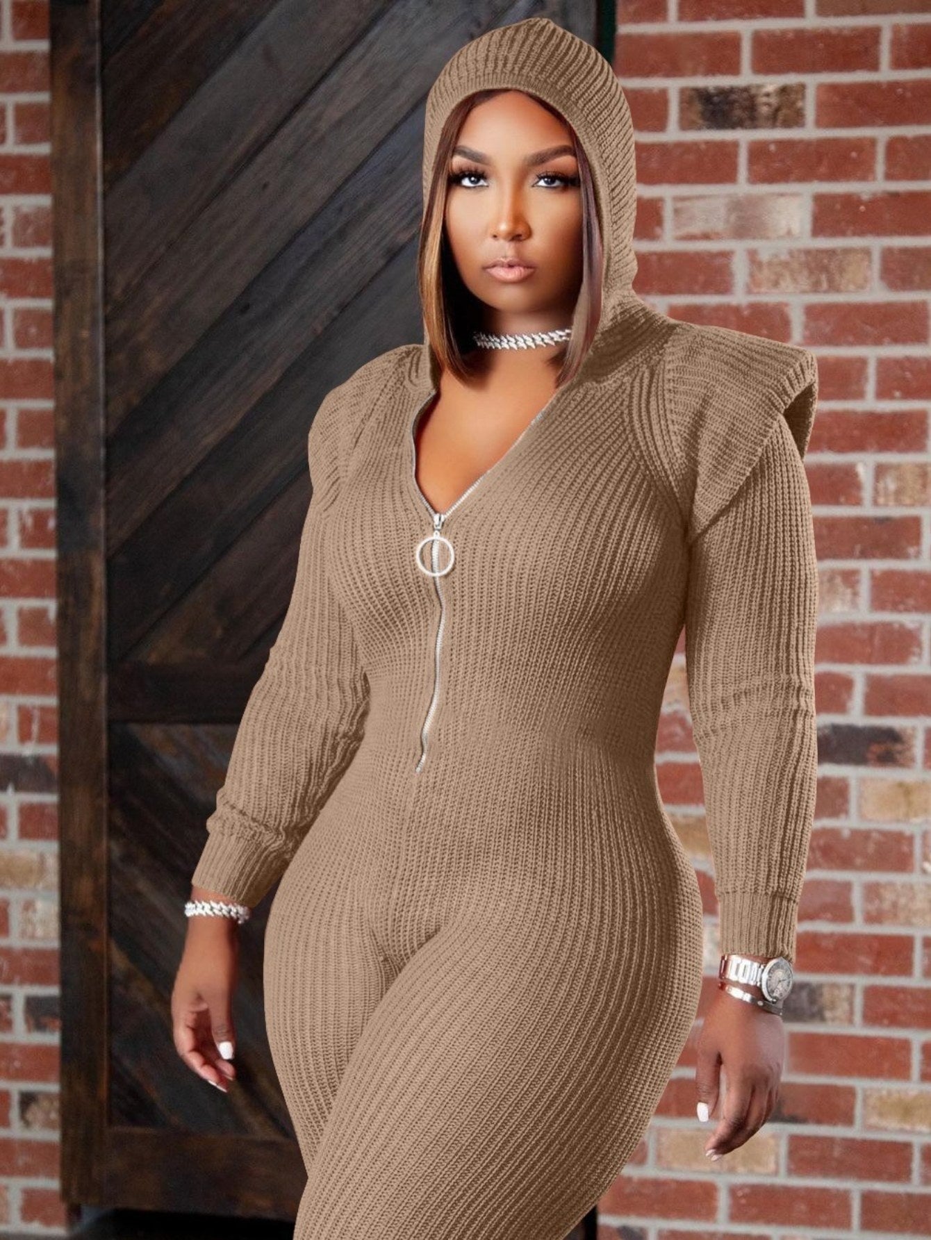 Plus Size - HERTALK Women'S Fashion Jumpsuit with Shoulder Pads for Autumn And Winter