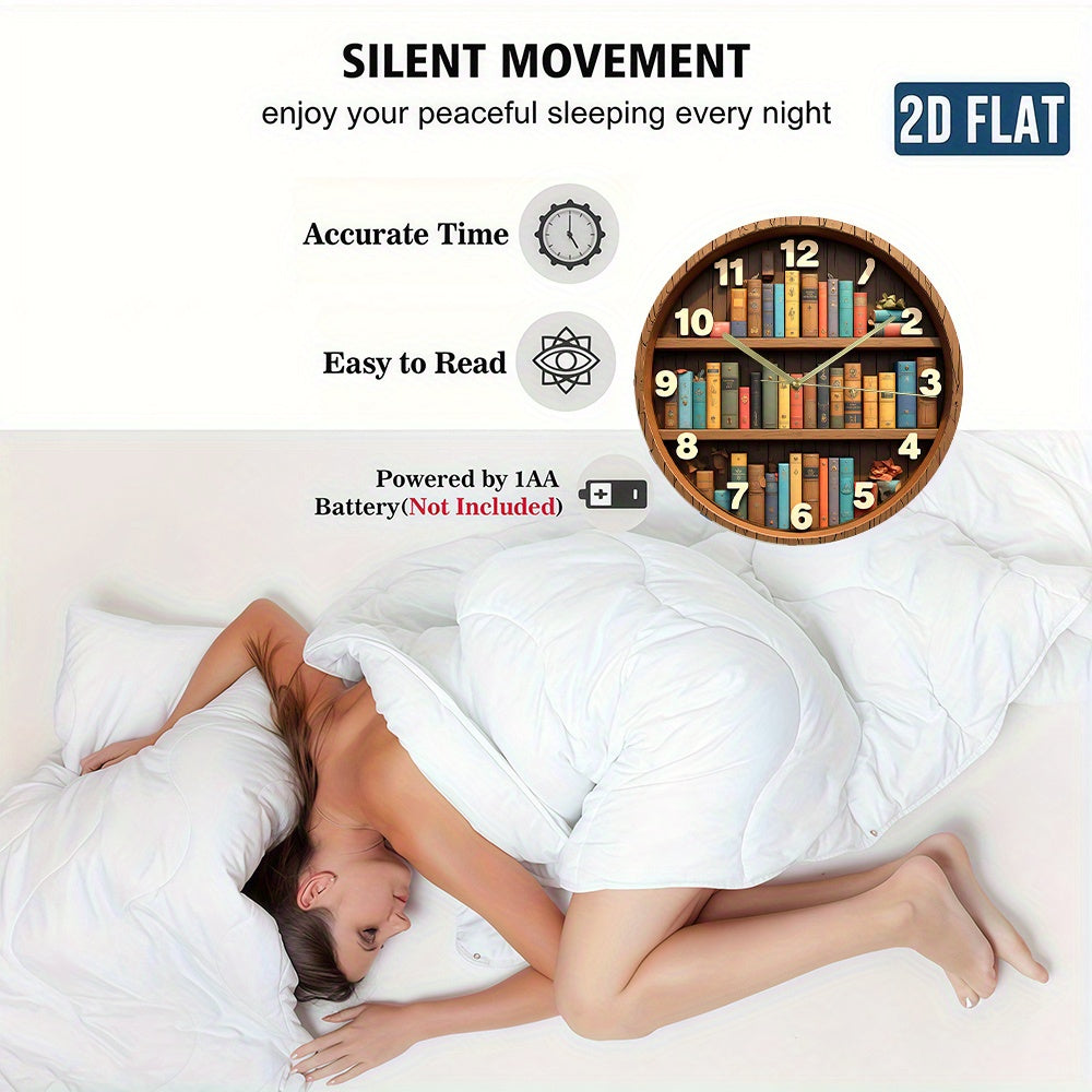 2D Flat, 1pc Bookshelf Wall Clock - Silent Non-Ticking Battery Operated (AA Batteries Not Included) - Vibrant Book Design with 12 Numbers, Acrylic Material, Perfect for Home, Office, Bedroom Decor - Unique Christmas Gift Idea