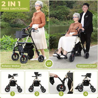 Foldable Rollator Walker with Seat - Heavy-Duty 300 lb Capacity, Lightweight 2-in-1 Mobility Aid with Adjustable Height Seat & Handle, All-Terrain Wheels, Linear Brakes, Ergonomic Backrest & Cushioned Seat - Ideal for Seniors