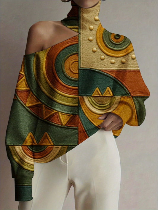 Plus Size, Geometric Shapes Colorful Patterns Abstract Artistic Design Vibrant Textures Unique Style Elegant Women's high-neck stylish off-shoulder pullover