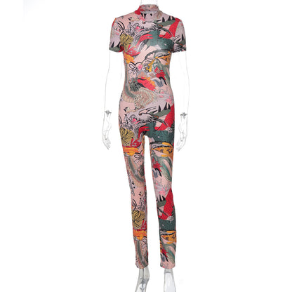Women'S All-Over Print High-Neck Short Sleeve Jumpsuit - Slim-Fit See-Through Backless Bodysuit with Animal & Abstract Patterns, All-Season Elegant Party & Casual Outfit, Comfortable Stretch Fabric for Year-Round Wear (No Lin