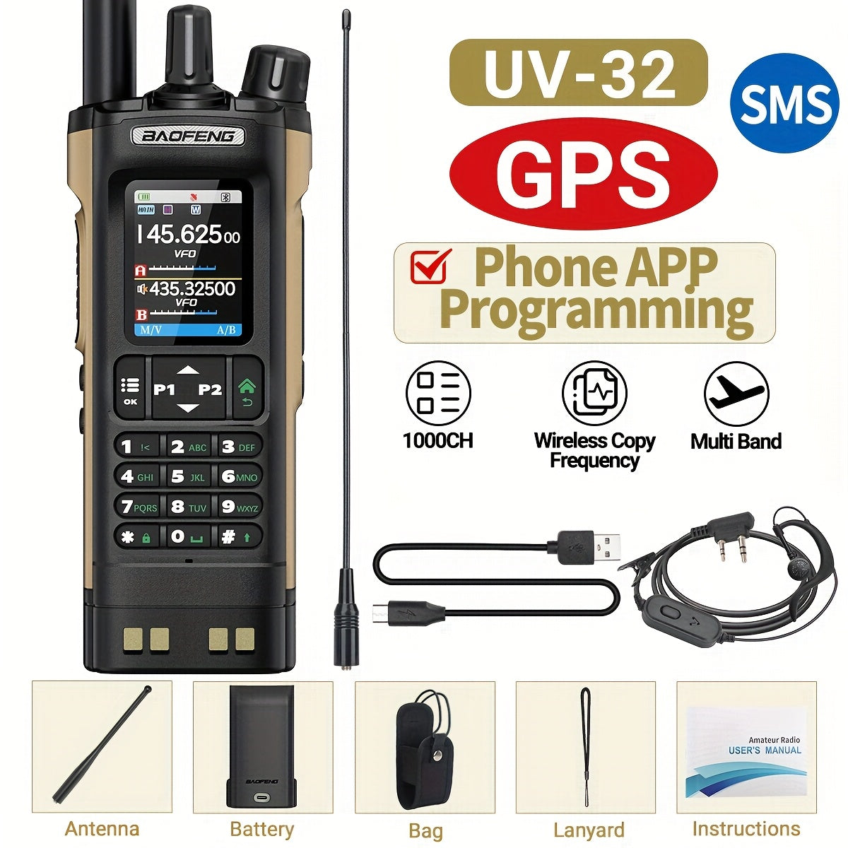 BAOFENG UV-32 Walkie Talkie GPS 10W Long Range Handheld NOAA Weather Receiver Rechargeable Walkie Talkies With GPS, AM, Copy Frequency, USB-C Rechargeable Battery Two Way Radio For Camping Hinking