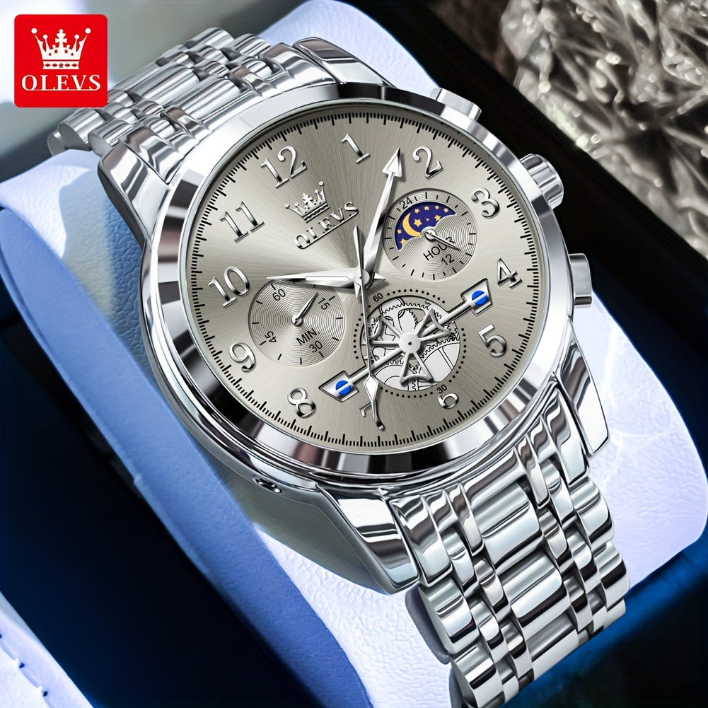 OLEVS Men's Luxury Multifunctional Quartz Watch - Stainless Steel Luminous Analog Watch with Moon Phase, Chronograph, Date/Day/24H Indicator, Golden-Tone & Bracelet for Business, Casual, Casual Attire - Dress Watch
