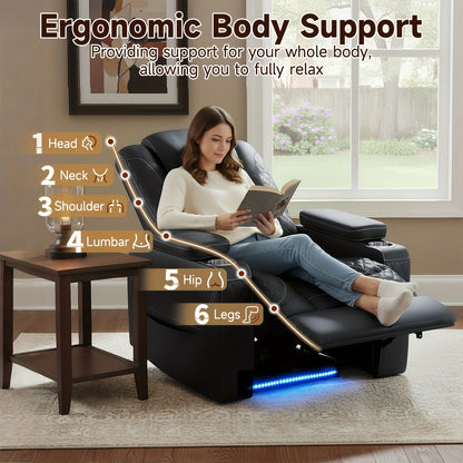 Power Recliner Sofa with Adjustable Headrest & LED Ambient Light & Hidden Storage & USB Ports for Living Room Home Theater
