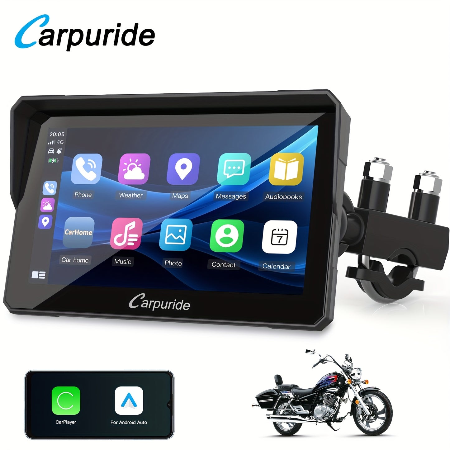 Carpuride W702 Wireless Carplay & Android Auto Screen for Motorcycle, 7 Inch IPS Touch Screen, Dual B-T, Built-in EQ, Car GPS, Voice Control, Siri, G00gle Assistant, IP67 Waterproofing, Navigation GPS, Easy to Install,